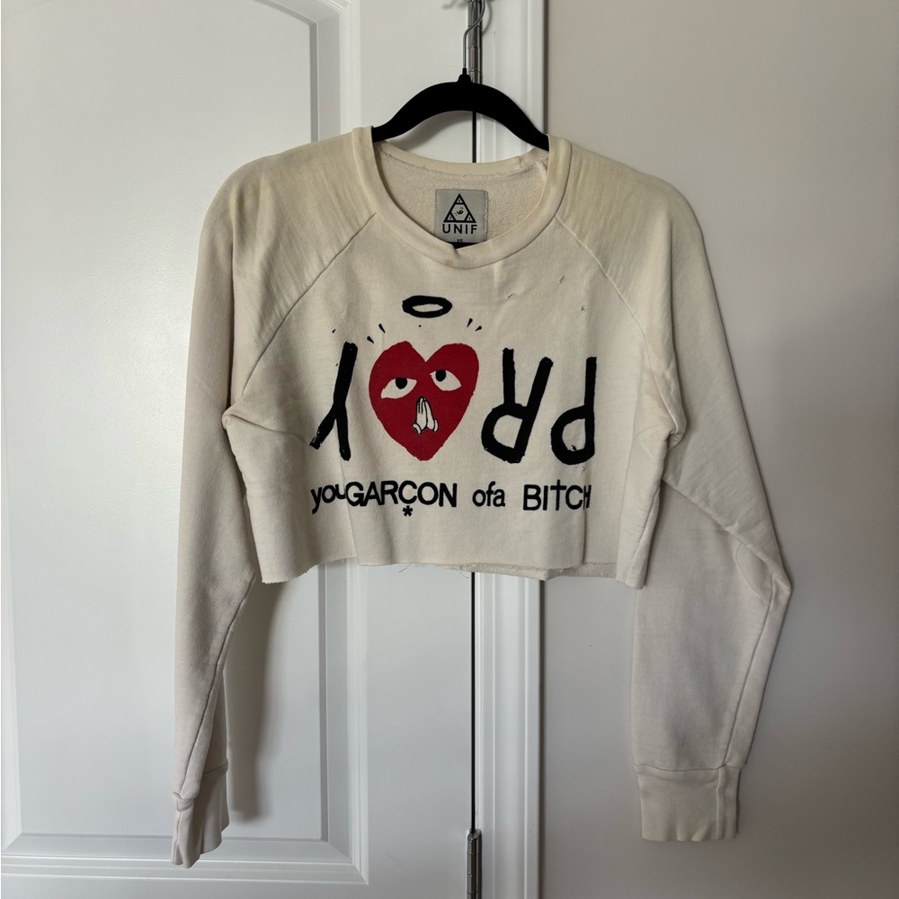 UNIF Cream Crew Neck Cropped Sweater